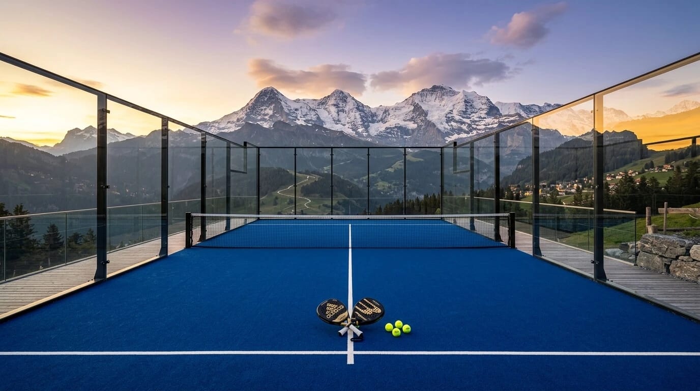 Terrain de padel premium avec les Alpes en arrière-plan