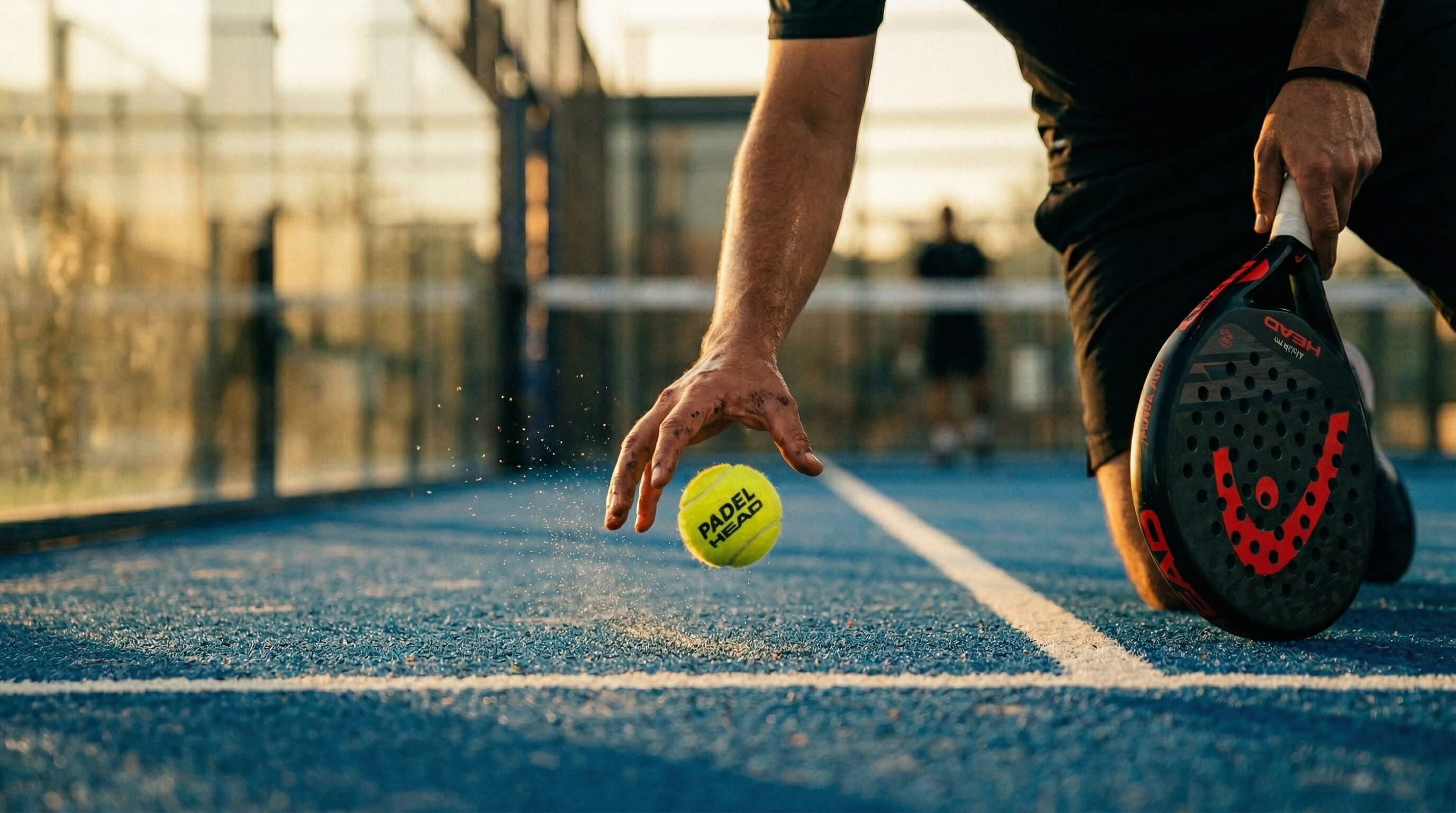 Joueur de padel faisant rebondir la balle avant de servir