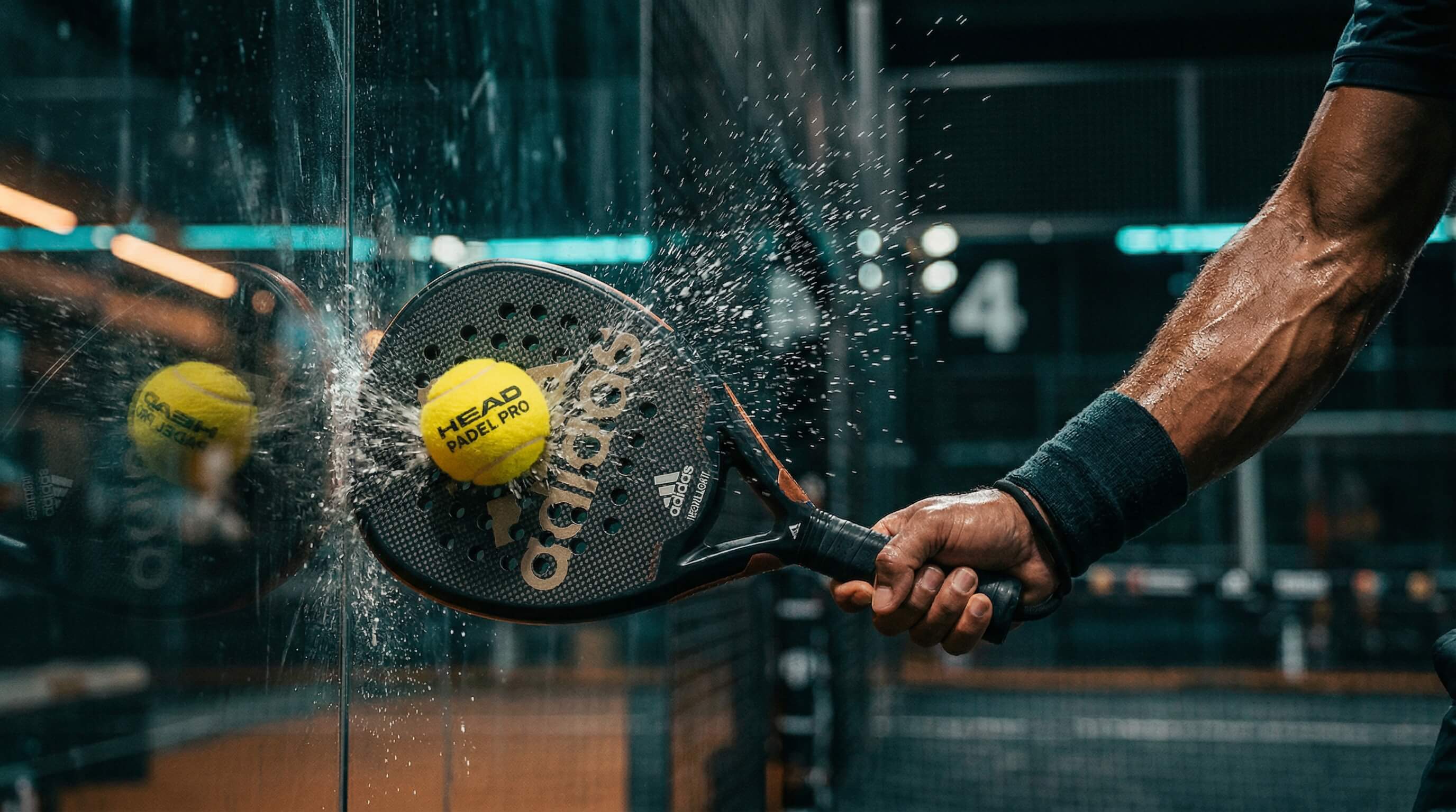 Joueur de padel réalisant un smash le long de la vitre